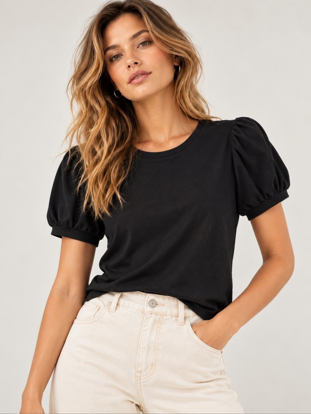 PAIGE Women’s XS Black Puff Sleeve Cotton T-Shirt Top